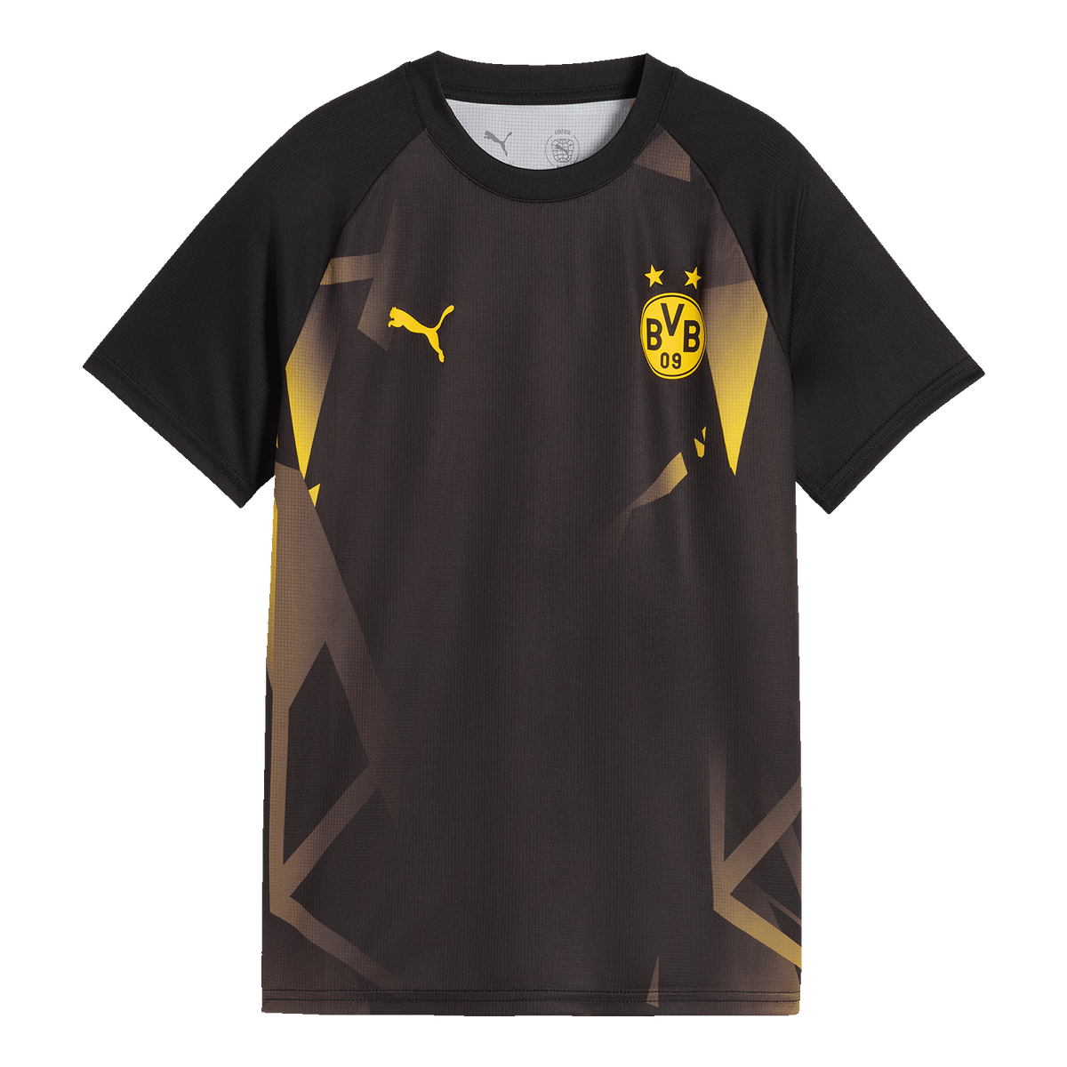 Black-and-yellow BVB warm-up T-shirt from the 2026–27 season. Features the BVB logo, the PUMA logo, and a modern design. Perfect for fans and training.