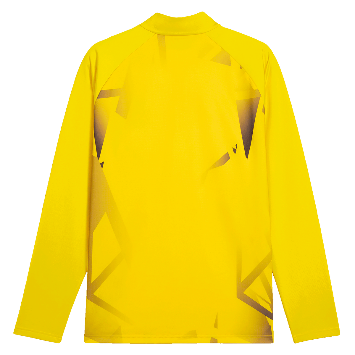 Das gelbe BVB Warm Up Zip-Shirt der Saison 2026/27 in der Rückansicht, mit grafischen Details und langärmligem Design.