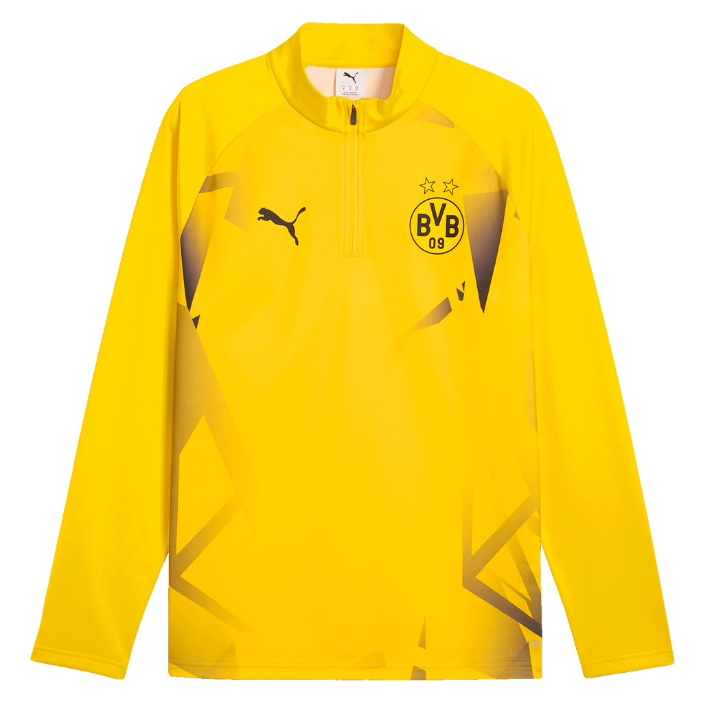 黄色のBVBウォームアップジップシャツ 26/27。胸元には黒いPUMAの猫のロゴとBVBのエンブレムがあしらわれています。長袖デザインで、トレーニングやファンに最適です。