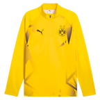 黄色のBVBウォームアップジップシャツ 26/27。胸元には黒いPUMAの猫のロゴとBVBのエンブレムがあしらわれています。長袖デザインで、トレーニングやファンに最適です。
