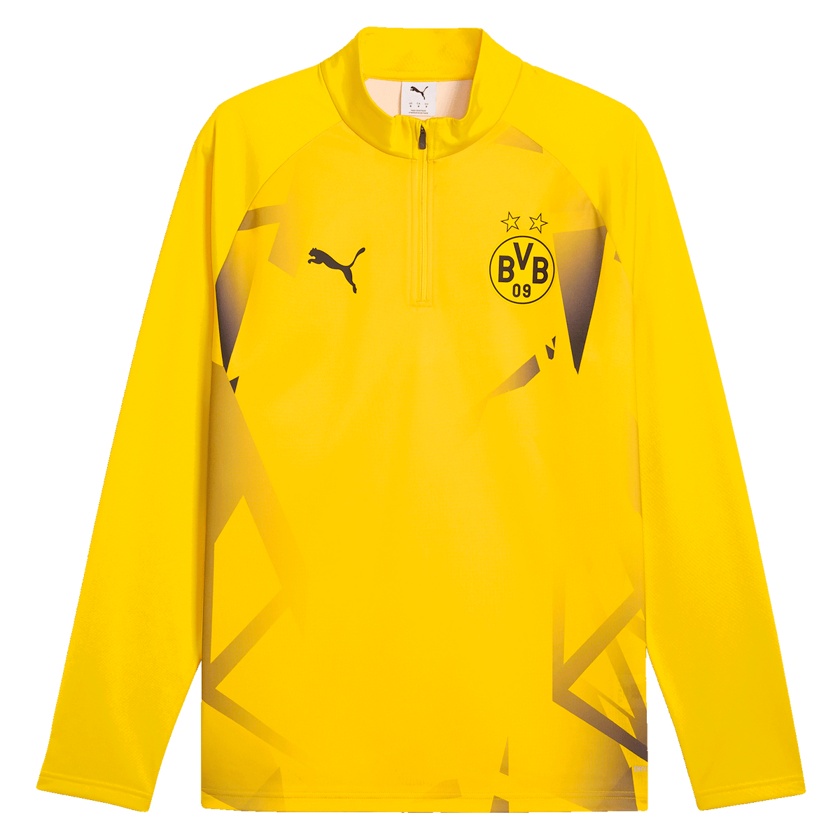 Pull zippé jaune BVB Warm Up 26/27, orné du chat PUMA noir et de l'emblème du BVB sur la poitrine. Modèle à manches longues, idéal pour l'entraînement et les supporters.