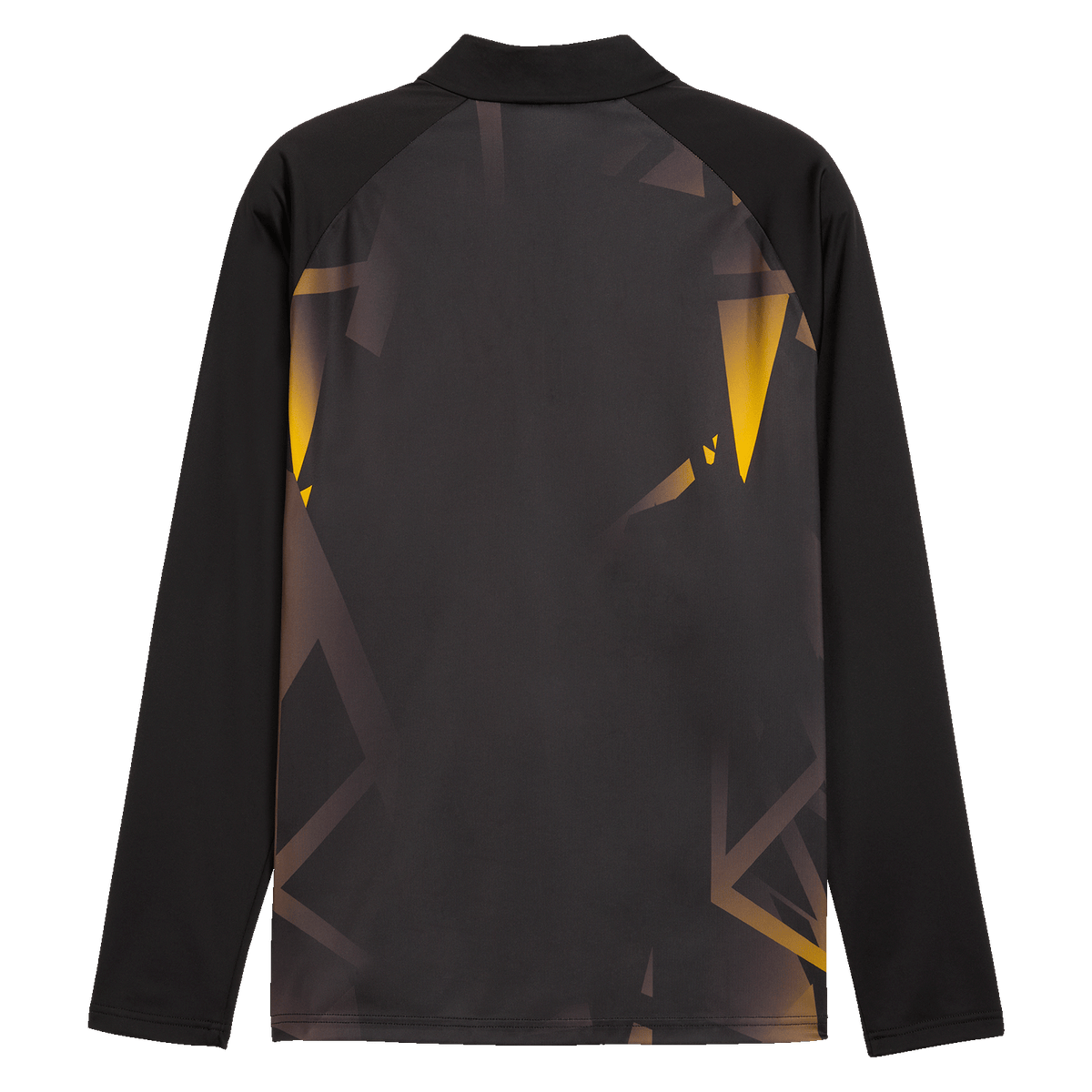 Schwarzes BVB Warm Up Zip-Shirt 26/27 mit gelben geometrischen Akzenten, Rückansicht, ideal für Training.