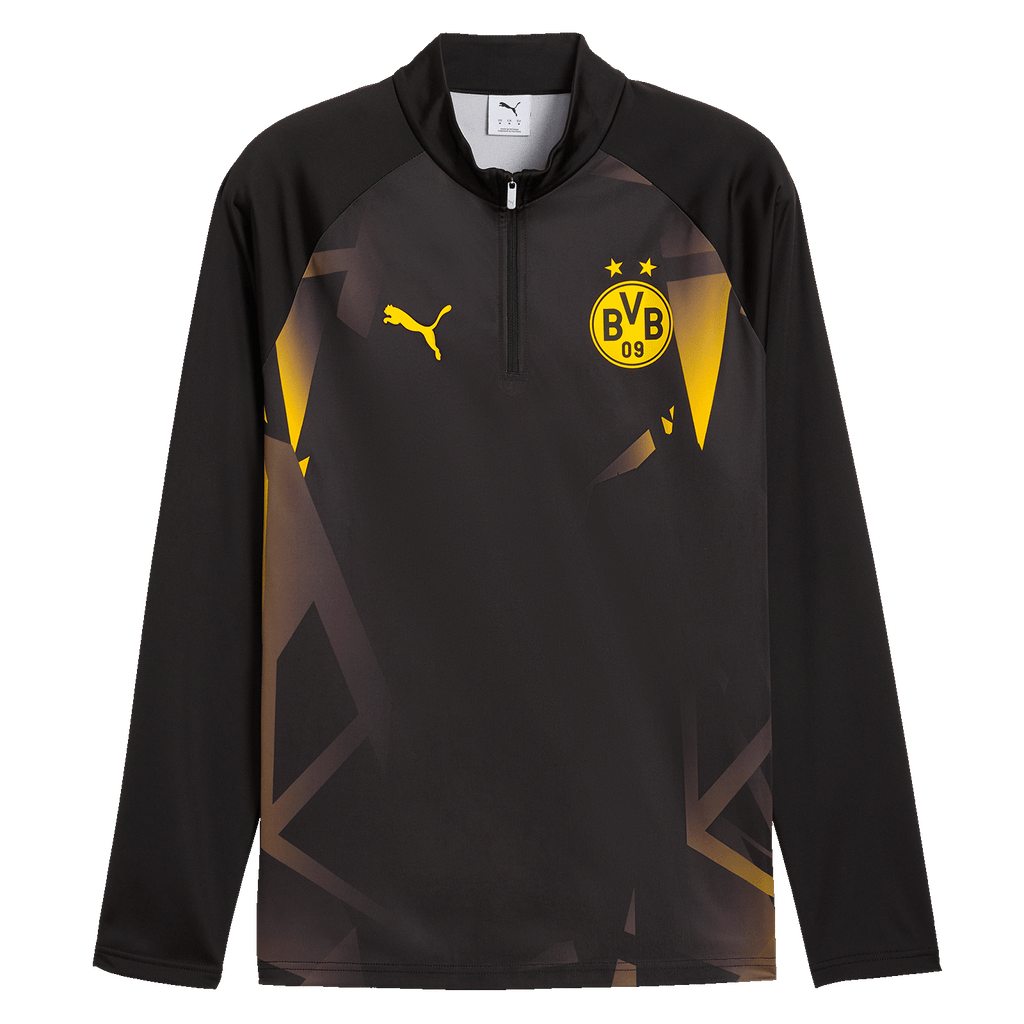 2026/27赛季黑色多特蒙德（BVB）热身拉链衫，黑黄配色，设计时尚，正面印有PUMA标志和多特蒙德队徽，长袖款
