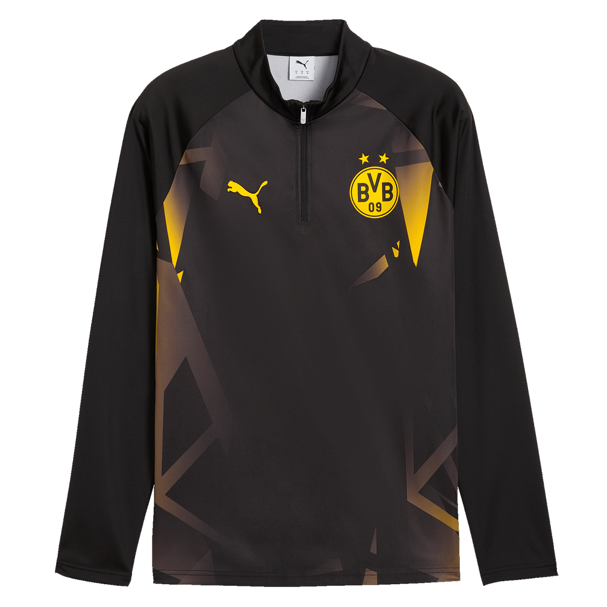 2026/27年モデルのBVBウォームアップジップシャツ（ブラック）。ブラックとイエローのカラーリングにモダンなデザインを採用。前面にはPUMAのロゴとBVBのエンブレムがあしらわれ、長袖仕様。
