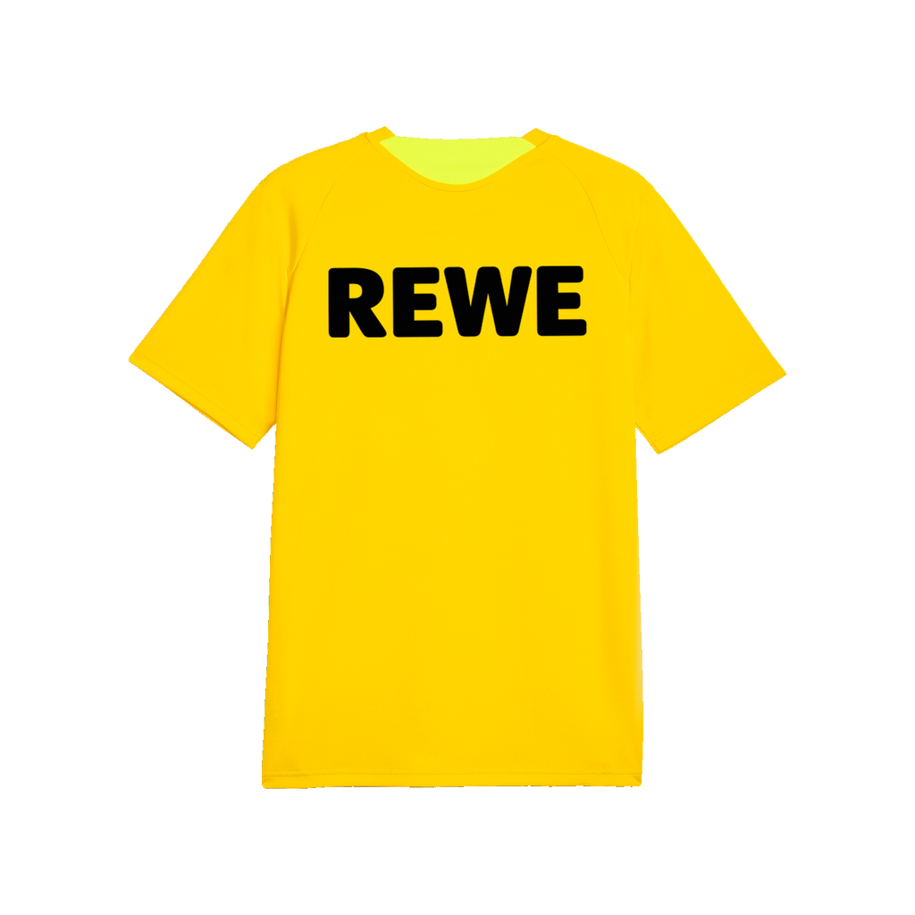 La maglia da allenamento gialla del BVB per la stagione 26-27 in taglia bambino. Vista posteriore con grande logo REWE nero.