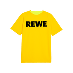 La maglia da allenamento gialla del BVB per la stagione 26-27 in taglia bambino. Vista posteriore con grande logo REWE nero.