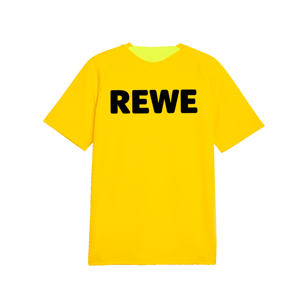 La maglia da allenamento gialla del BVB per la stagione 26-27 in taglia bambino. Vista posteriore con grande logo REWE nero.
