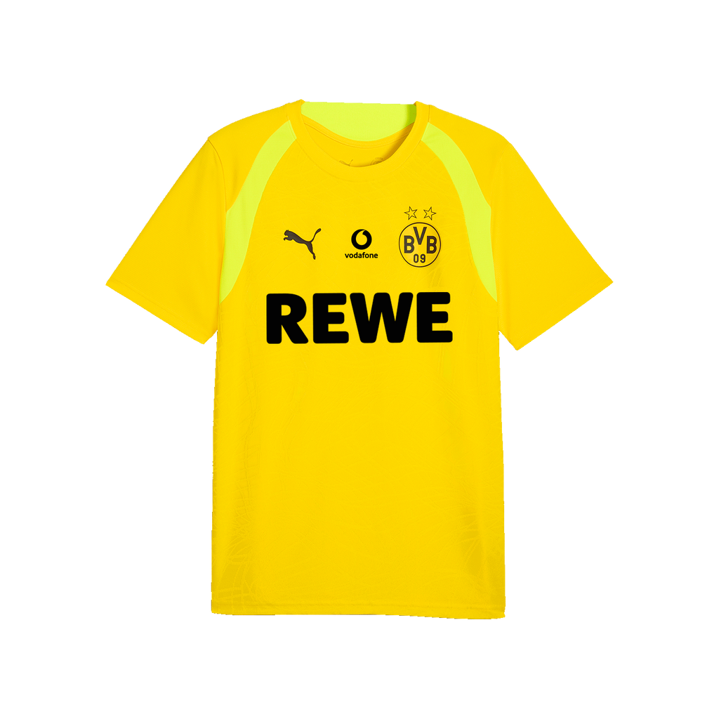 Maglia da allenamento gialla del BVB per bambini della stagione 2026/27 con logo REWE nero, stemma del BVB, logo PUMA e logo Vodafone sul petto.