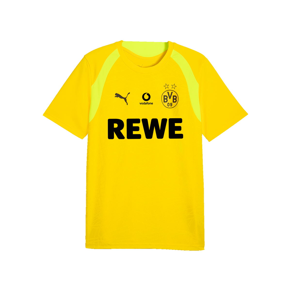 Maglia da allenamento gialla del BVB per bambini della stagione 2026/27 con logo REWE nero, stemma del BVB, logo PUMA e logo Vodafone sul petto.