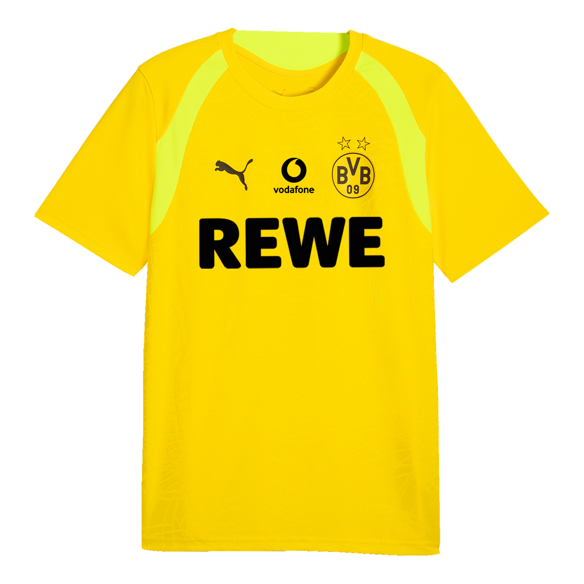 BVB-Trainingsshirt 2026/2027 in Gelb mit schwarzen Akzenten, offizielles Lizenzprodukt mit REWE-Logo, PUMA-Logo und BVB-Emblem.