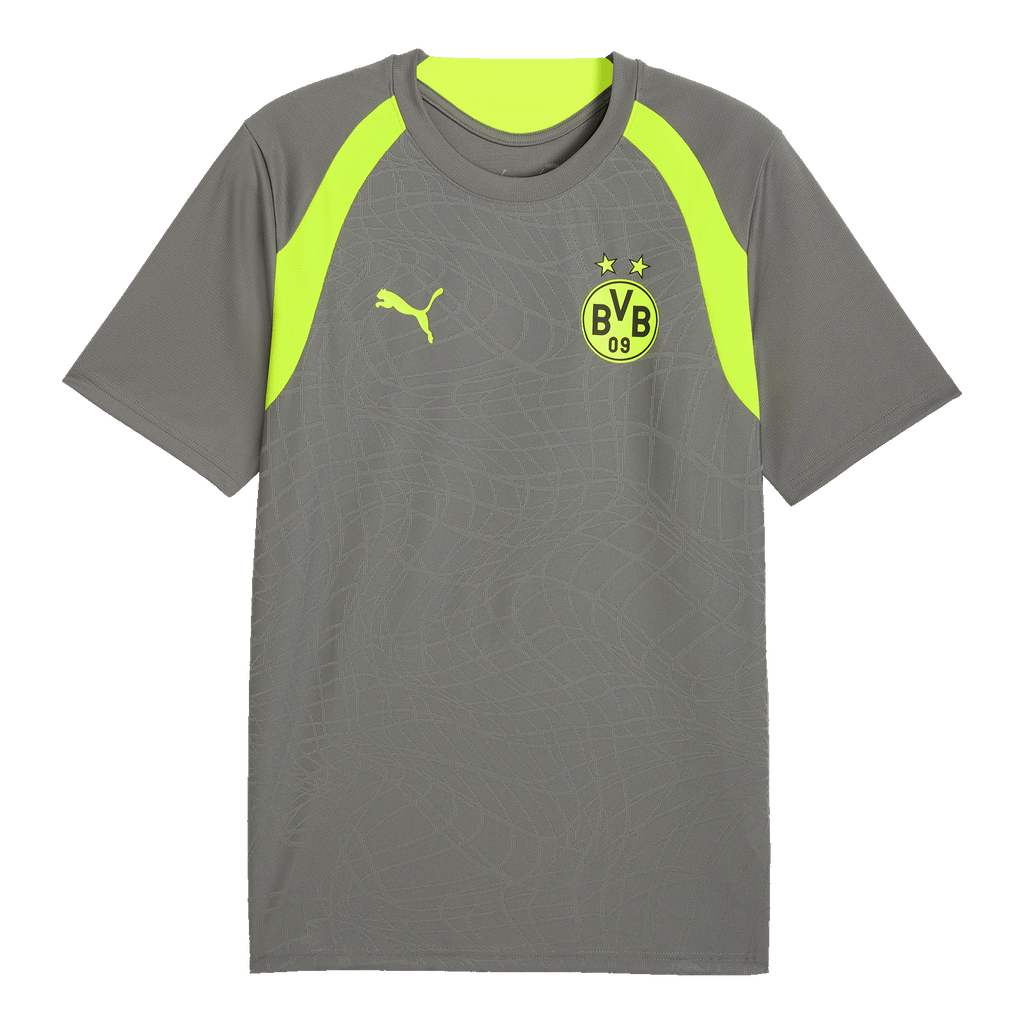 Gray training shirt from the BVB 2026/27 collection with bright yellow accents, featuring the BVB and Puma logos—perfect for sports and leisure.