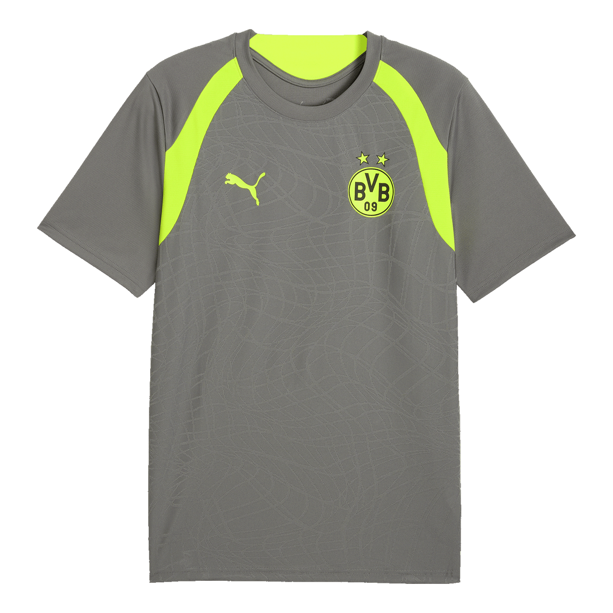 Graues Trainingsshirt der BVB-Kollektion 2026/27 mit leuchtend gelben Akzenten, ausgestattet mit BVB- und Puma-Logo, perfekt für Sport und Freizeit.
