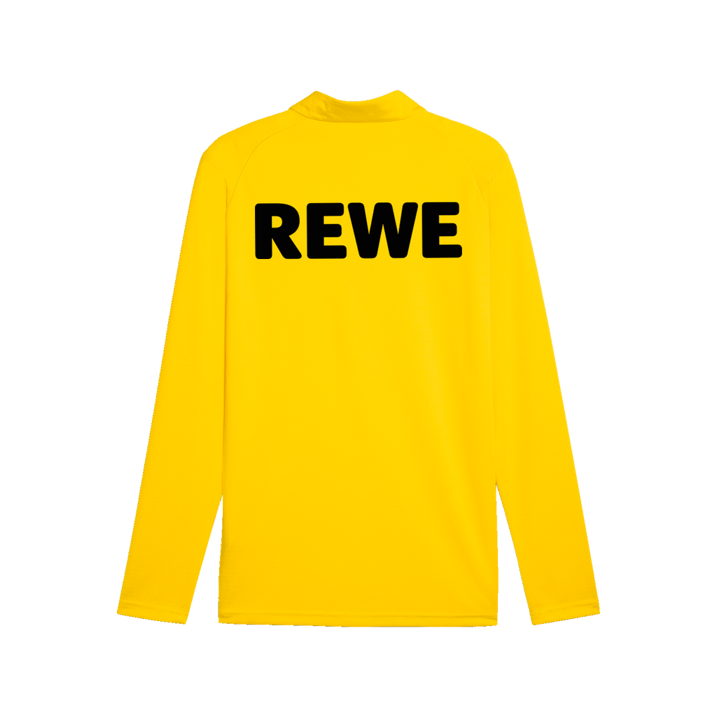 Camiseta amarilla de entrenamiento del BVB con cremallera para la temporada 2026/2027, con el logotipo negro de REWE en la espalda. De manga larga y con un diseño deportivo para niños.