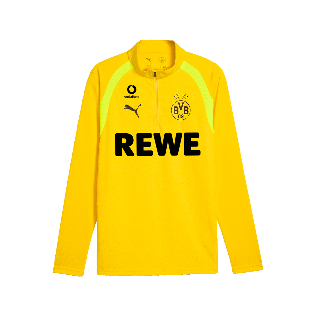 Camiseta con cremallera de entrenamiento del BVB en color amarillo para niños de la temporada 2026/2027, con el logotipo negro de PUMA, el escudo del BVB y los logotipos de REWE y Vodafone en el pecho.