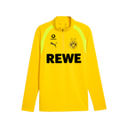 Maglia con zip da allenamento del BVB in giallo per bambini della stagione 2026/2027 con logo PUMA nero, stemma del BVB e loghi REWE e Vodafone sul petto.