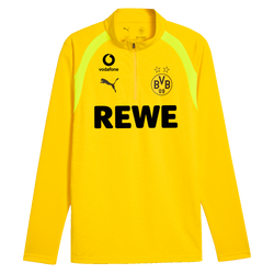 Polo d'entraînement jaune du BVB pour la saison 2026/27, avec un motif noir et jaune qui ne passe pas inaperçu, les logos REWE et Vodafone sur le devant, idéal pour les activités sportives et les supporters du BVB.