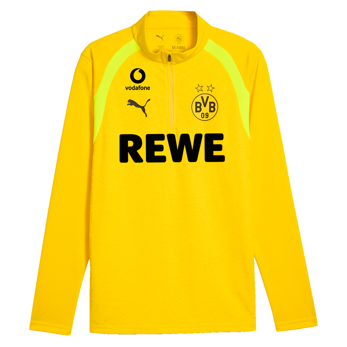 Yellow BVB training zip-up shirt for the 2026/27 season with an eye-catching black-and-yellow design, featuring the REWE and Vodafone logos on the front—ideal for sports and BVB fans.