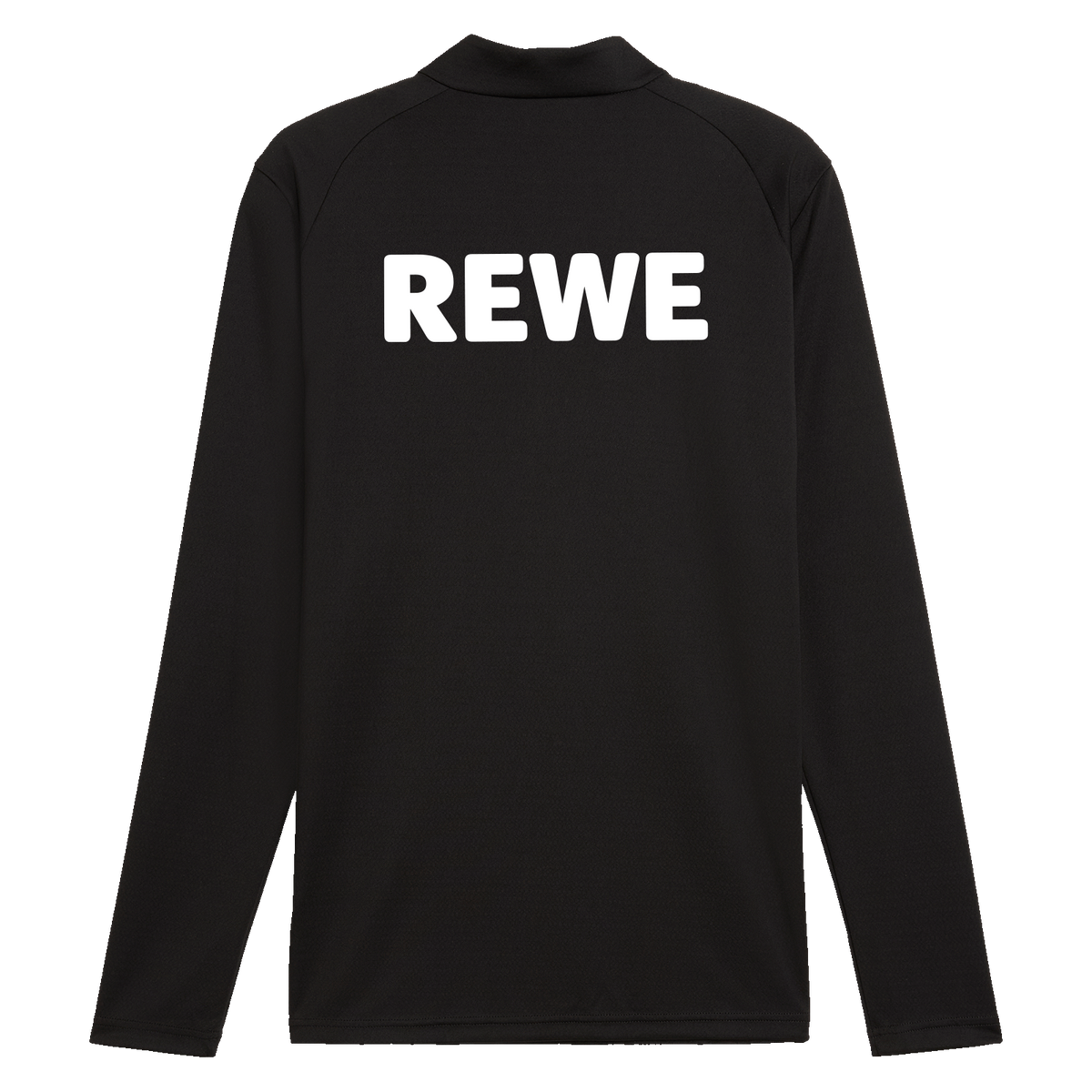 Rückseitenansicht des schwarzen BVB-Trainings-Zip-Shirts mit sichtbarem REWE-Logo auf dem Rücken. Teil der Saison 26/27.