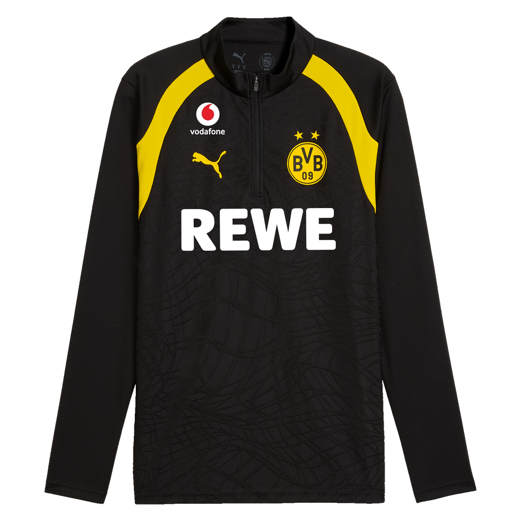 Felpa con zip da allenamento del BVB nei colori nero e giallo della collezione 26/27, con i loghi del BVB, di Vodafone, REWE e Puma, vista frontale.