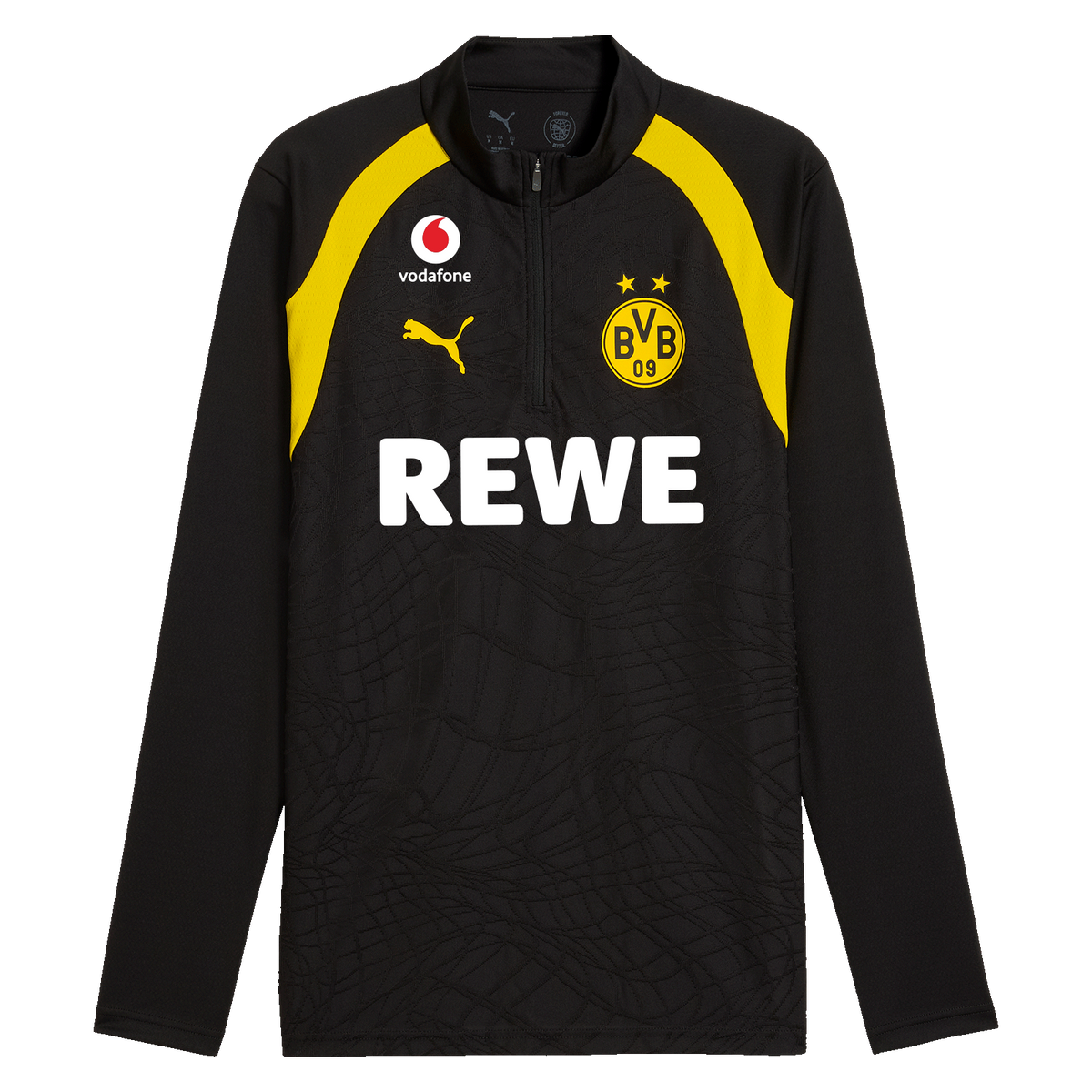Schwarzgelbes BVB-Trainings-Zip-Shirt der Kollektion 26/27 mit Logos von BVB, Vodafone, REWE und Puma in Vorderansicht.