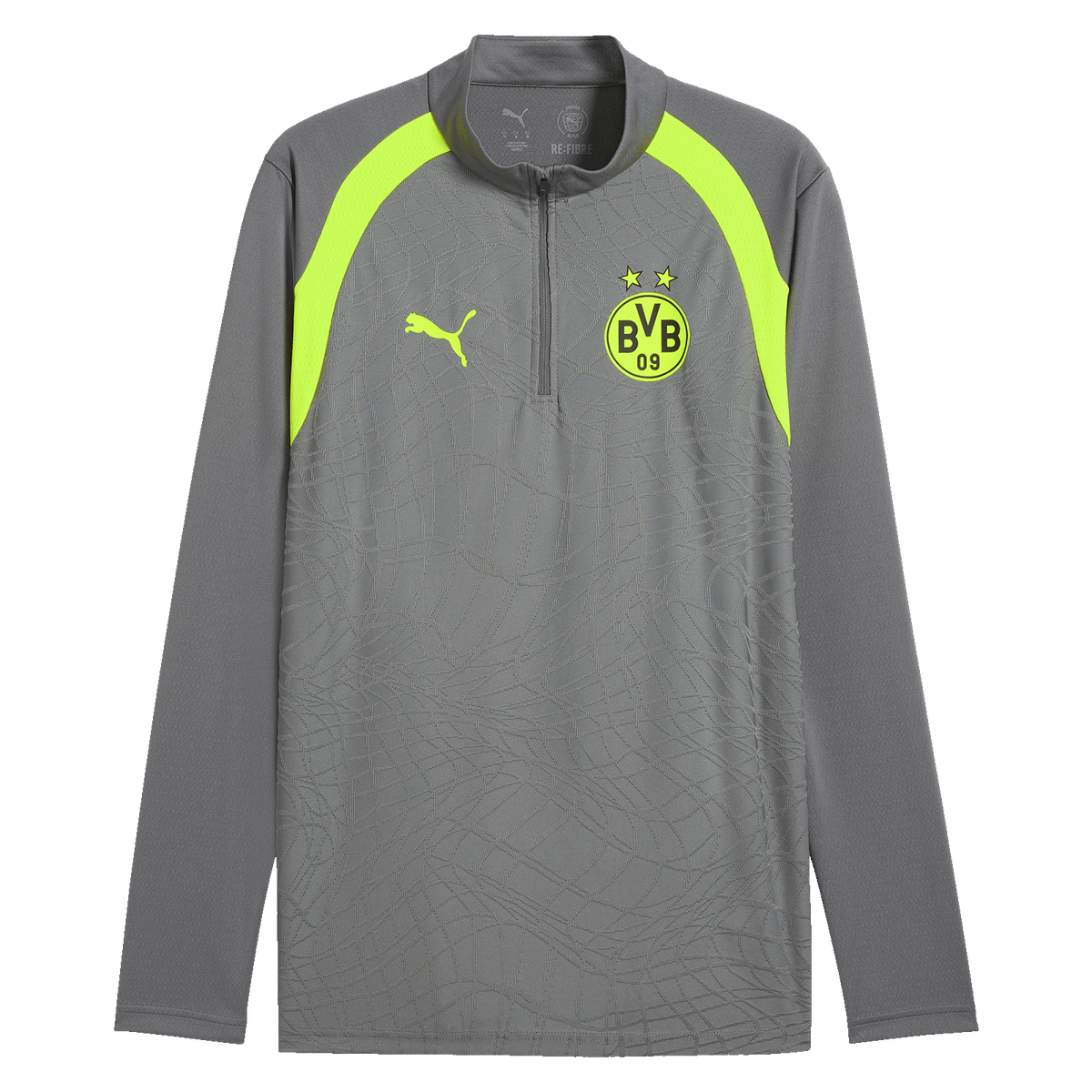 Graues BVB Trainings-Zip-Shirt mit gelben Details, Langarm und BVB 09-Logo sowie PUMA-Logo.