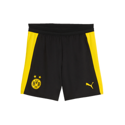 Black BVB training shorts for kids with yellow stripes down the sides, the BVB logo on the left and the PUMA logo on the right, front view.