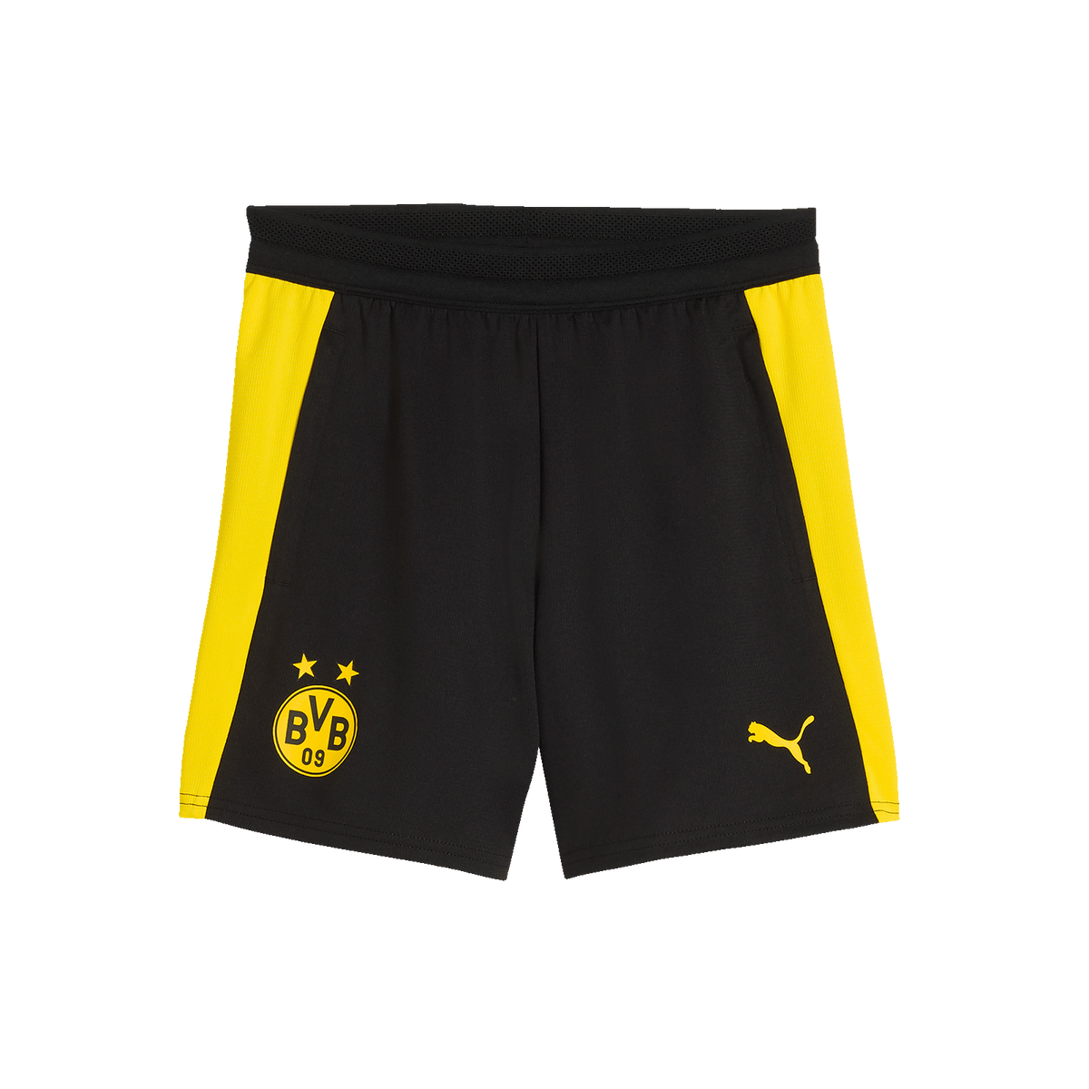 Schwarze BVB-Trainingsshorts für Kinder mit gelben Streifen an den Seiten, BVB-Logo auf der linken und PUMA-Logo auf der rechten Seite, Vorderansicht.