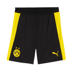 Black BVB training shorts from the 26-27 collection with yellow side stripes, the BVB emblem, and the PUMA logo on the front.