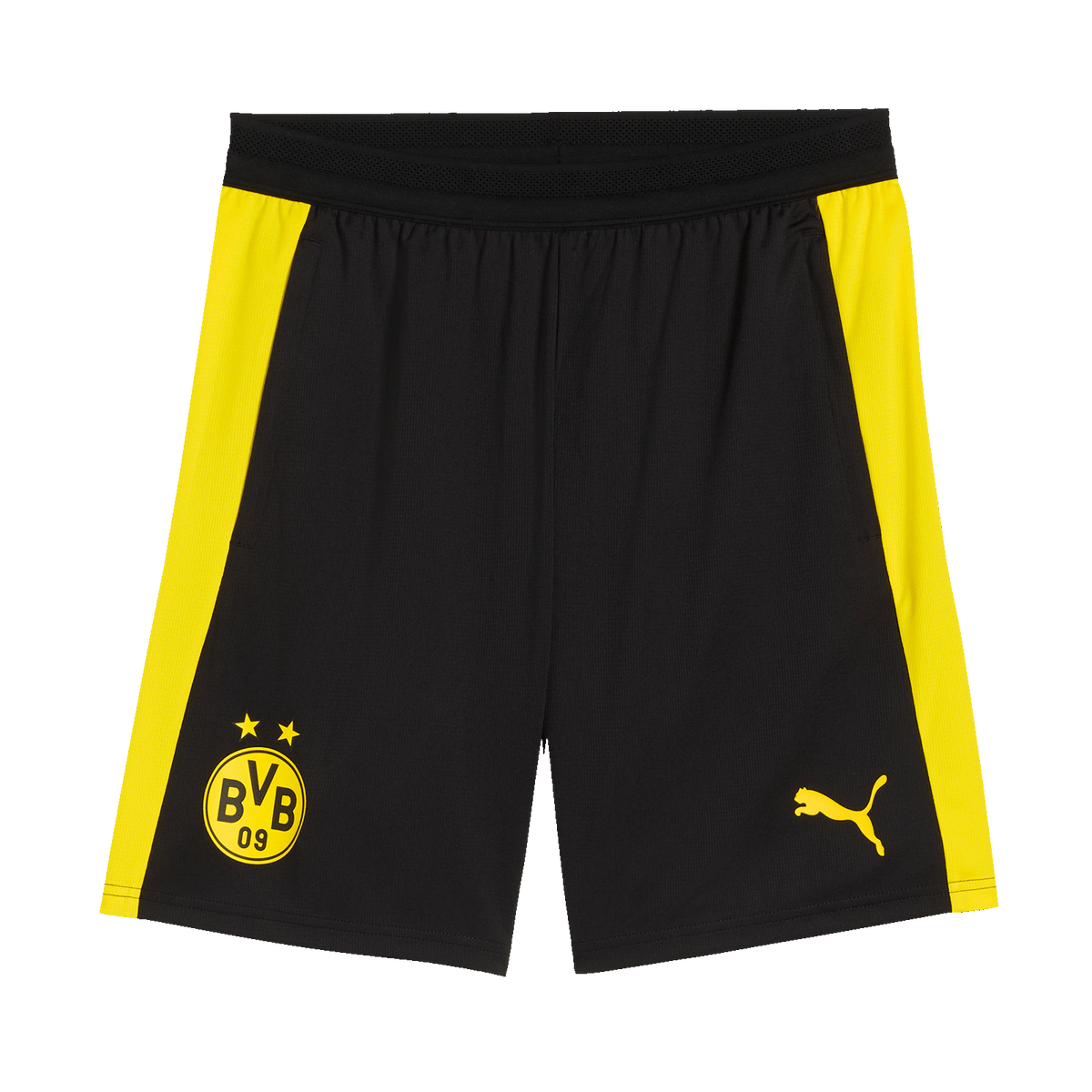 Pantaloncini da allenamento neri del BVB della collezione 26-27 con strisce laterali gialle, stemma del BVB e logo PUMA sul davanti.