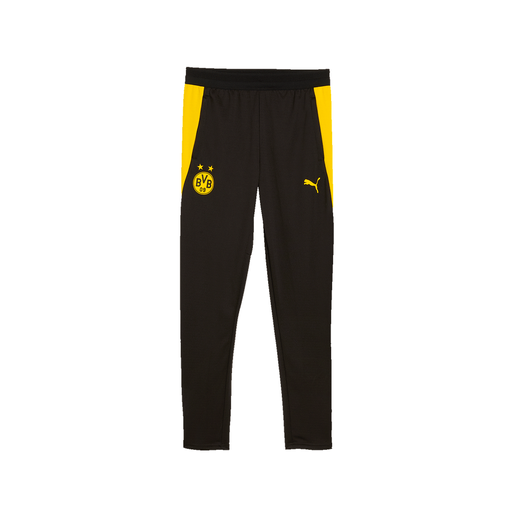 BVB training pants in black and yellow for kids, featuring the BVB logo and the Puma logo, designed for the 2026–27 season.