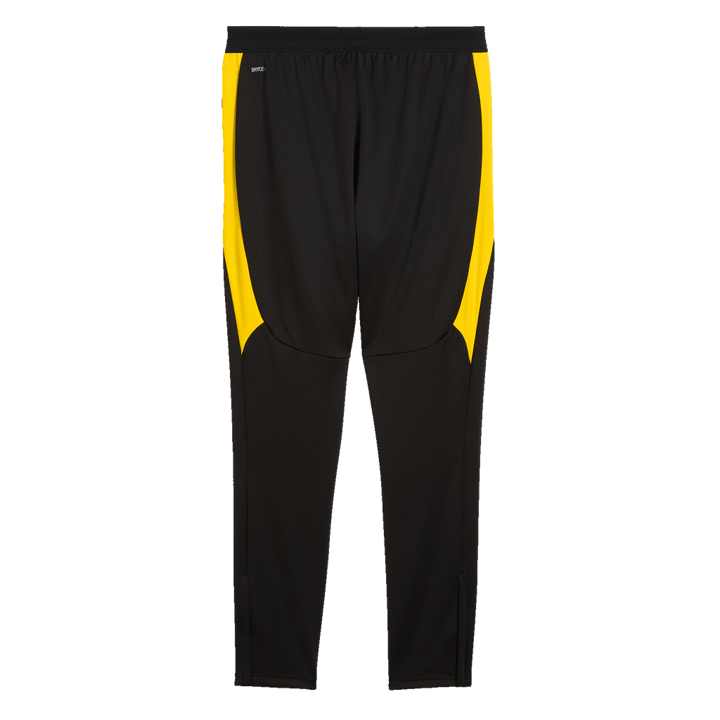 Vue de dos du pantalon d'entraînement noir du BVB, modèle 26-27, rehaussé de touches de couleur jaune, idéal pour les supporters du Borussia Dortmund.