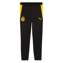Pantalon d'entraînement officiel du BVB, noir avec des détails jaunes, arborant le logo du BVB et celui de PUMA. Idéal pour les supporters et les amateurs de sport.