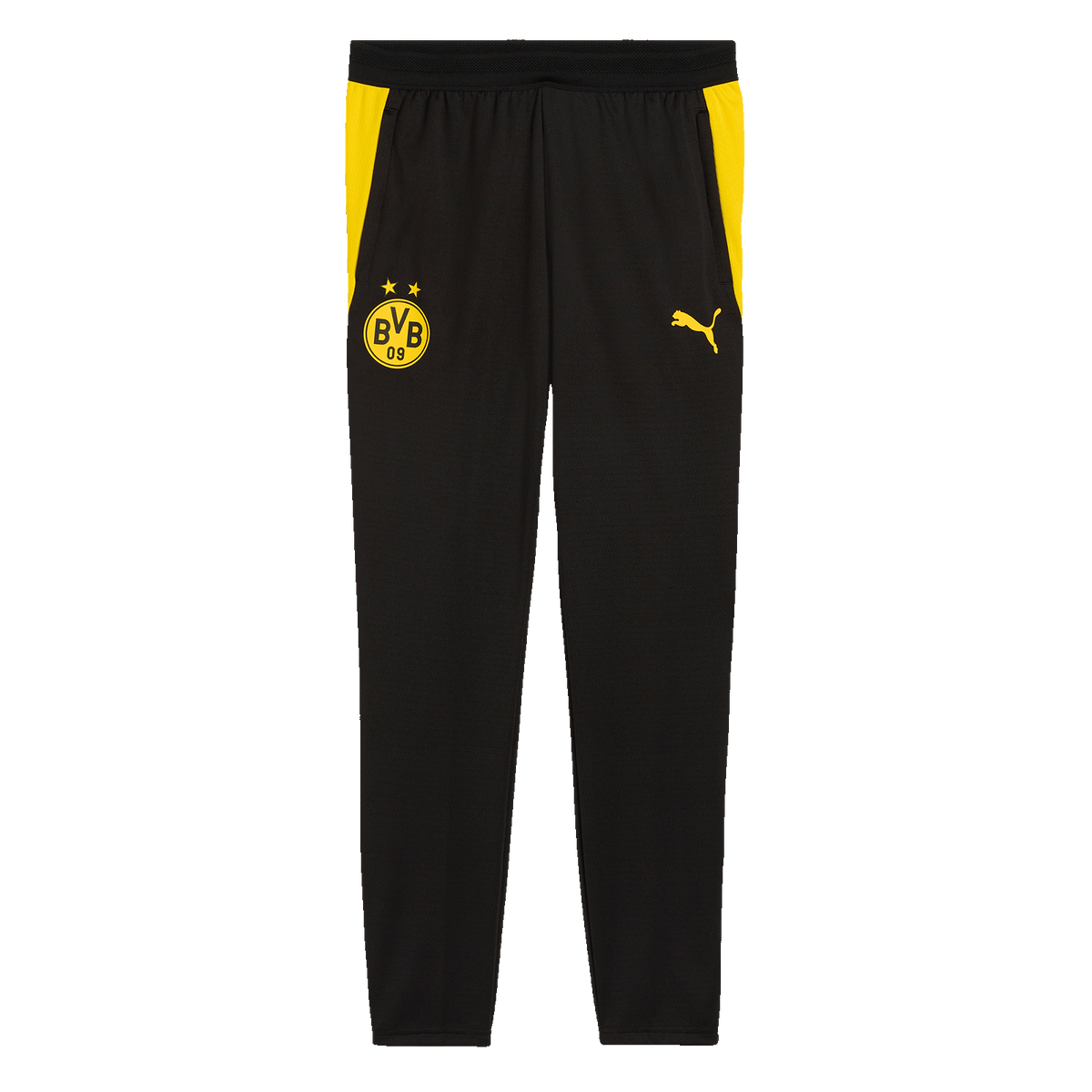 Offizielle BVB-Trainingshose in schwarz mit gelben Details, BVB-Logo und PUMA-Logo. Perfekt für Fans und Sportbegeisterte.