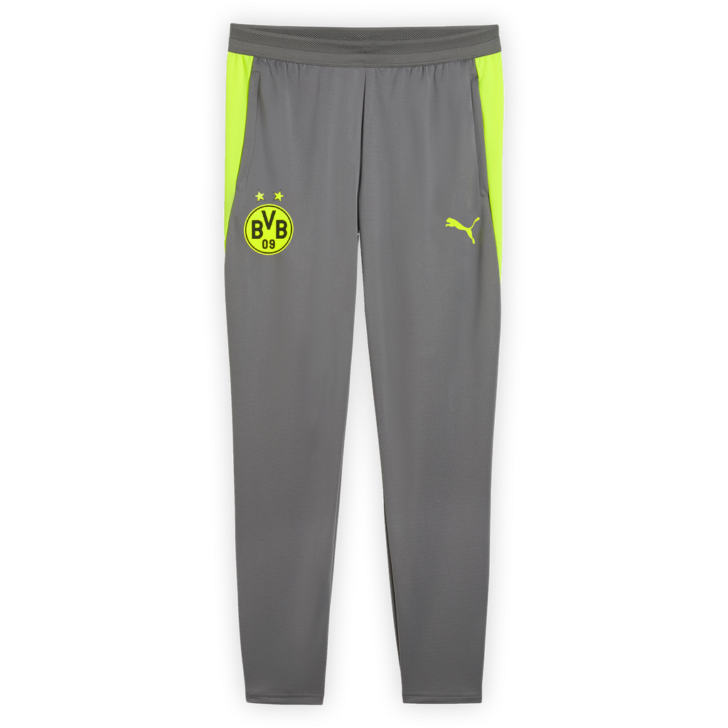Gray training pants from the Borussia Dortmund 2026/27 collection featuring the BVB emblem and the PUMA logo, perfect for fans and training.