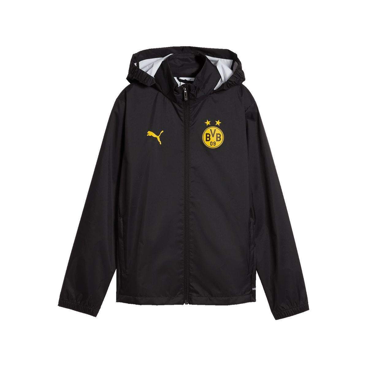 Chaqueta de entrenamiento infantil negra del BVB para todo tipo de condiciones meteorológicas, con el escudo amarillo del BVB y el logotipo de PUMA en la parte delantera.