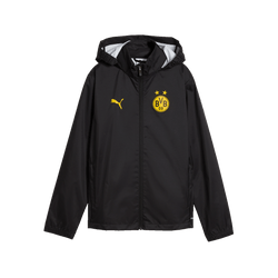 Veste d'entraînement noire pour enfants du BVB, adaptée à toutes les conditions météorologiques, avec l'écusson jaune du BVB et le logo PUMA sur le devant.