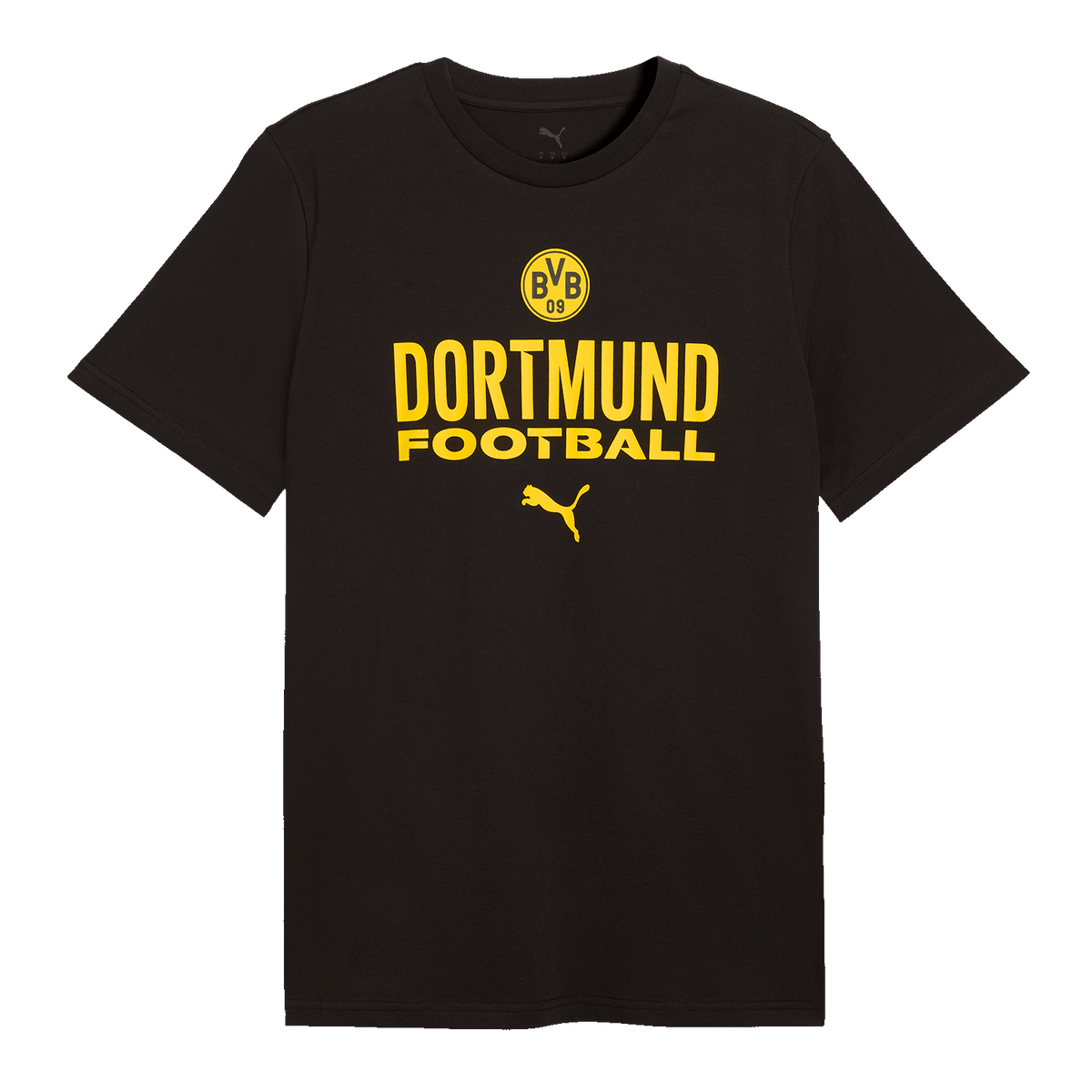 Schwarzes BVB T-Shirt für die Saison 2026/27 mit gelbem BVB-Logo, 'Dortmund Football' Schriftzug und PUMA-Logo auf der Front.