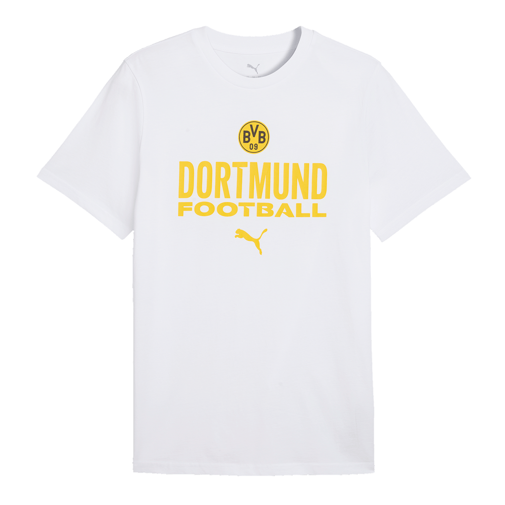 Weißes BVB-Fan-T-Shirt mit auffälligem gelbem Dortmund Football-Schriftzug, BVB 09-Logo und PUMA-Logo auf der Brust.