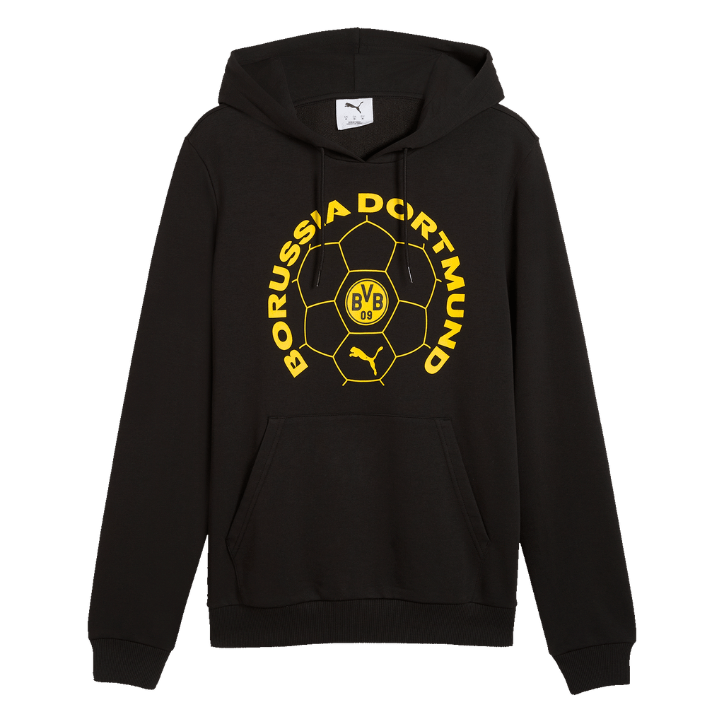 Sweat à capuche noir du BVB issu de la collection PUMA FtblCulture 26/27, avec un motif jaune du Borussia Dortmund sur le devant et l'emblème du BVB.