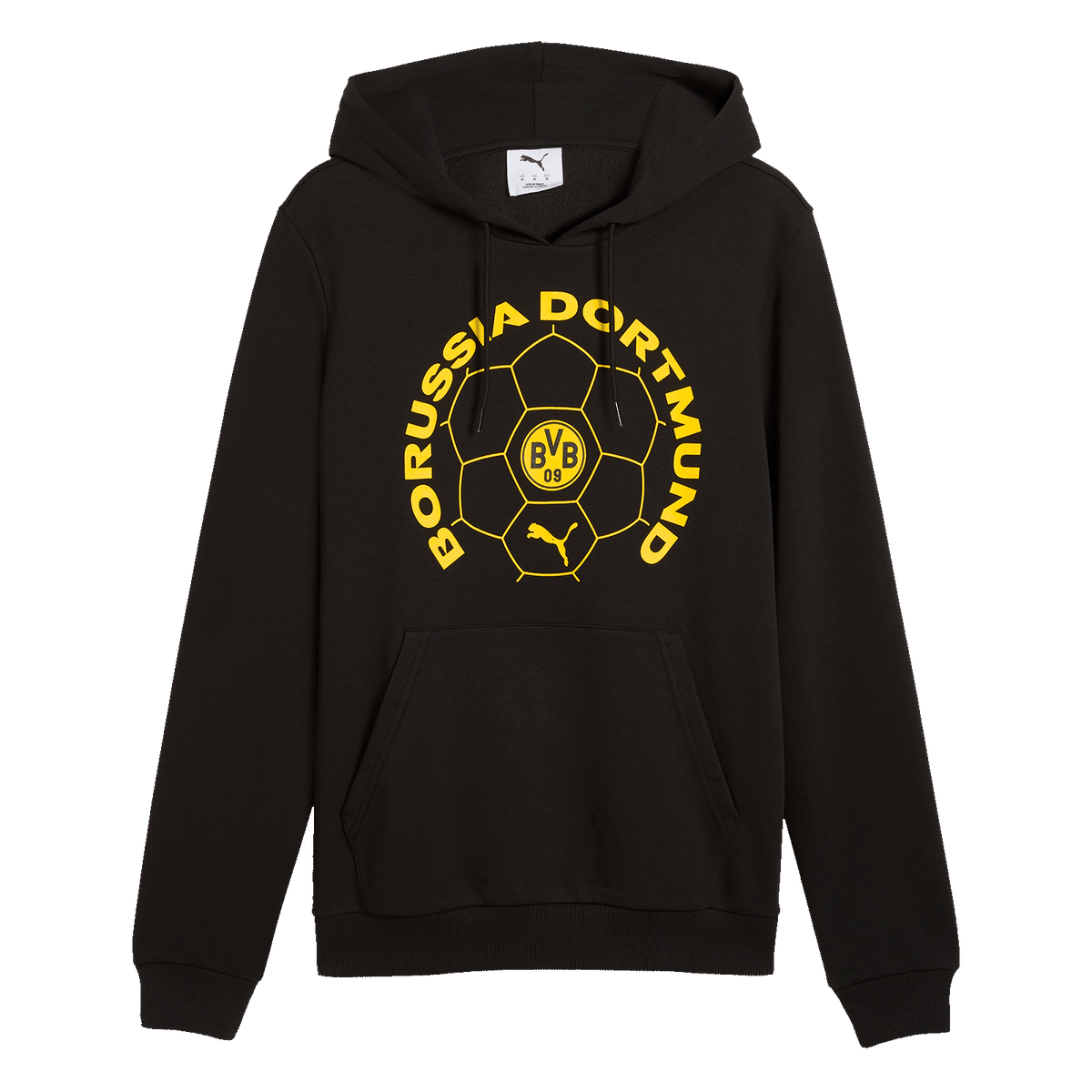 Black BVB hoodie from the PUMA FtblCulture 26/27 collection, featuring a yellow Borussia Dortmund design on the front and the BVB emblem.