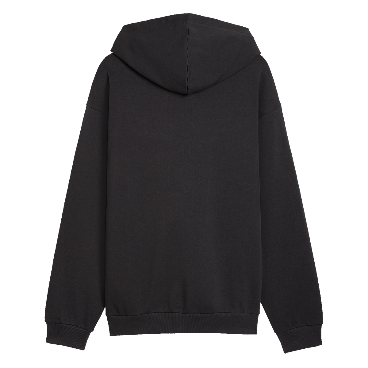Black BVB FtblCulture Relaxed Hoodie with a hood and a sporty design from the 2026/2027 collection, back view.