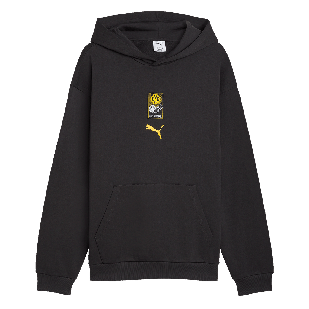Schwarzer BVB-Hoodie im relaxed Fit mit gelbem PUMA-Logo und BVB-Emblem auf der Brust, perfekt für Fans der Saison 2026/27.