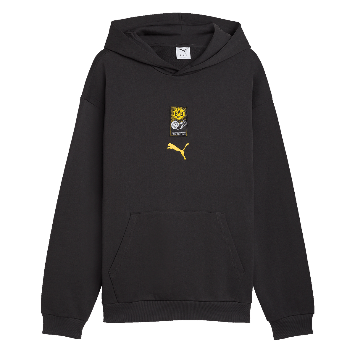Schwarzer BVB-Hoodie im relaxed Fit mit gelbem PUMA-Logo und BVB-Emblem auf der Brust, perfekt für Fans der Saison 2026/27.
