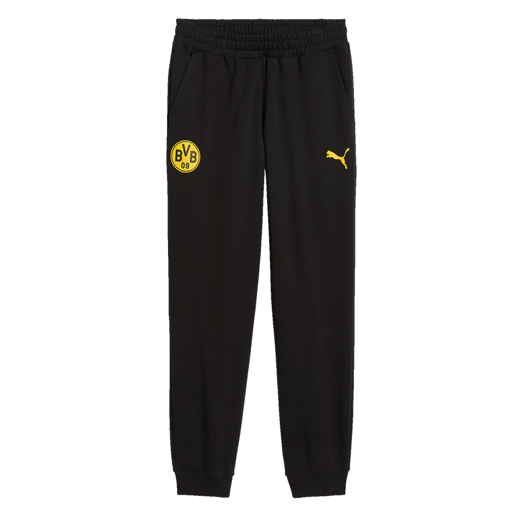 Pantalon de loisirs noir du BVB orné d'un écusson jaune du BVB et du logo PUMA, idéal pour les supporters du Borussia Dortmund.