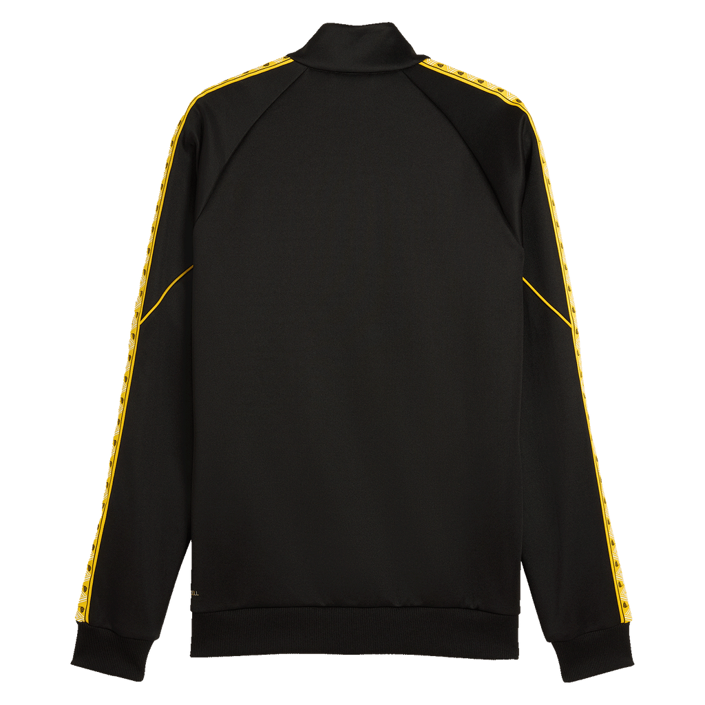 Rear view of the BVB King Anthem Jacket 26-27 in black and yellow with team details, featuring a sporty and modern design, perfect for Borussia Dortmund fans.