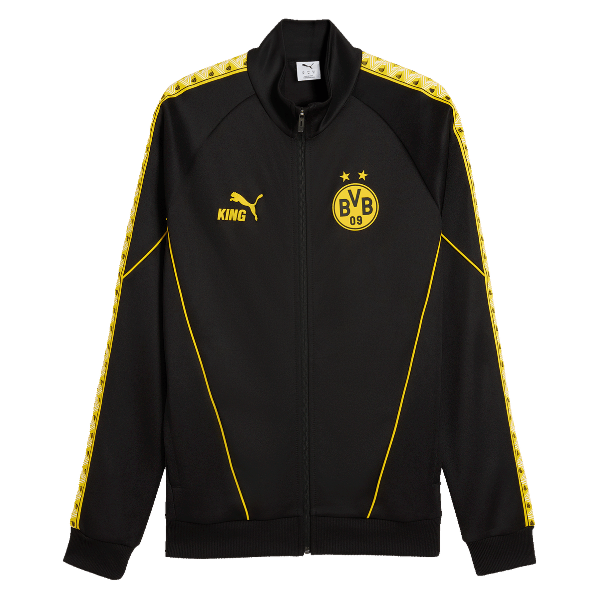 Schwarze BVB King Anthem Jacke mit gelben Details, BVB- und PUMA-Logo sowie dem Schriftzug 'KING', ideal für Fans von Borussia Dortmund.