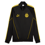 Black BVB King Anthem jacket with yellow details, BVB and PUMA logos, and "KING" lettering—perfect for Borussia Dortmund fans.