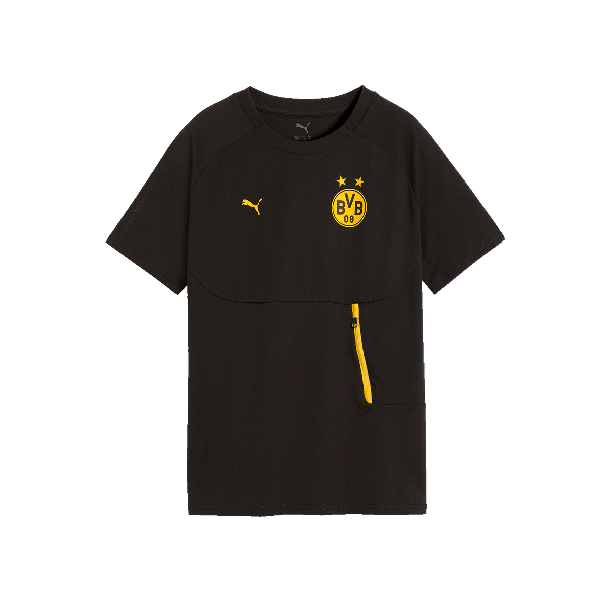 Schwarzes BVB PUMA Tech Pocket T-Shirt für Kinder mit kurzen Ärmeln, gelbem BVB-Logo, gelbem PUMA-Logo und praktischem, seitlichem gelbem Reißverschluss.