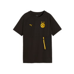 黑色多特蒙德（BVB）PUMA Tech Pocket儿童短袖T恤，配有黄色BVB标志、黄色PUMA标志以及实用的侧面黄色拉链。