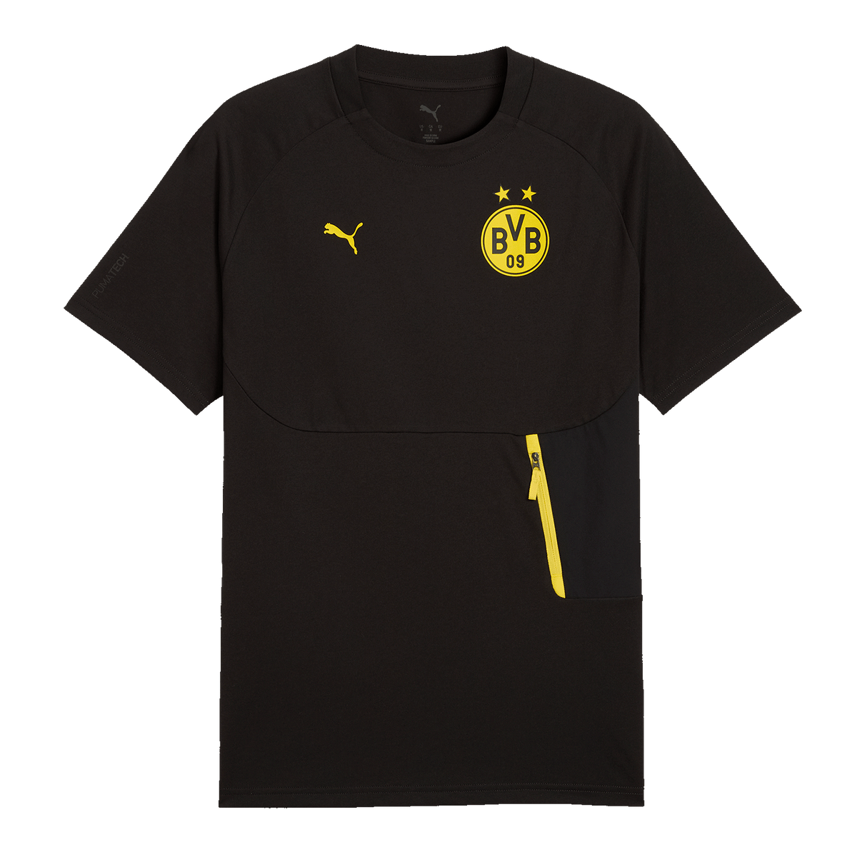 Schwarzes BVB Puma Tech Pocket T-Shirt für die Saison 2026/27 mit gelbem BVB-Logo, gelbem Reißverschluss und Puma-Logo, ideal für Borussia Dortmund Fans.